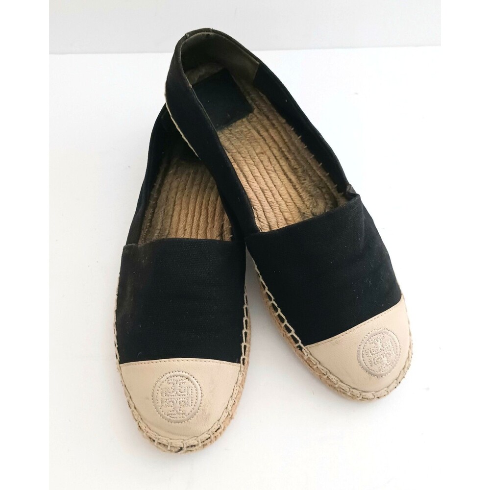 Tory Burch Cap Toe Espadrille Blk Canvas Cream Leather Embroidered Logo Toe US 9